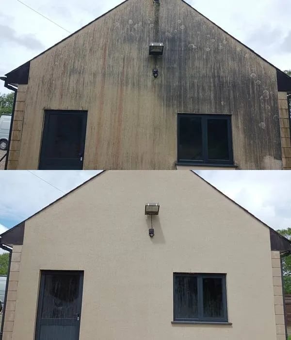 Before and after comparison showing a weathered wood building cleaned to reveal its cream-colored brick facade