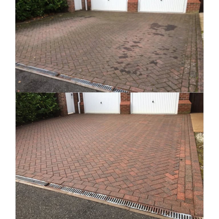 Before and after comparison of a brick paved driveway, showing cleaning results with stains removed