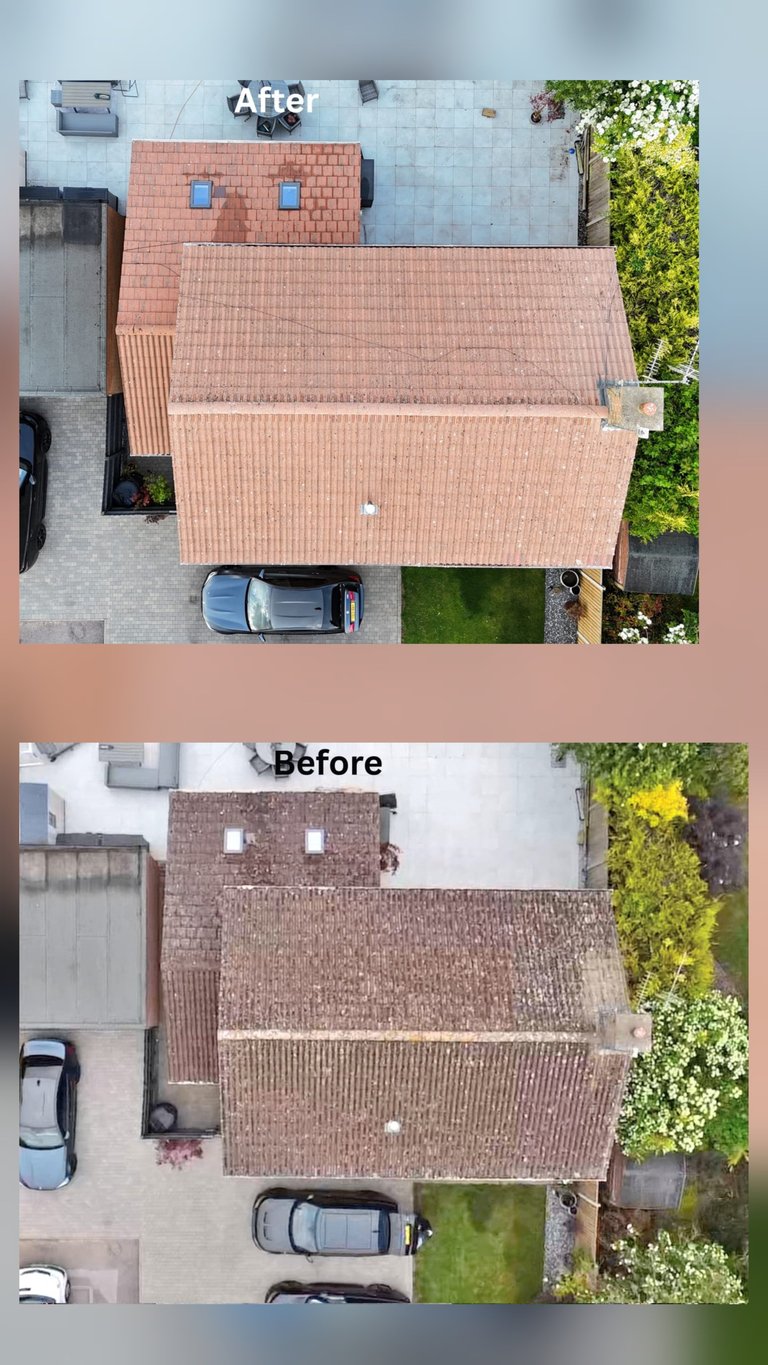 Before and after aerial view of roof renovation, showing improved terracotta tiles and roof condition