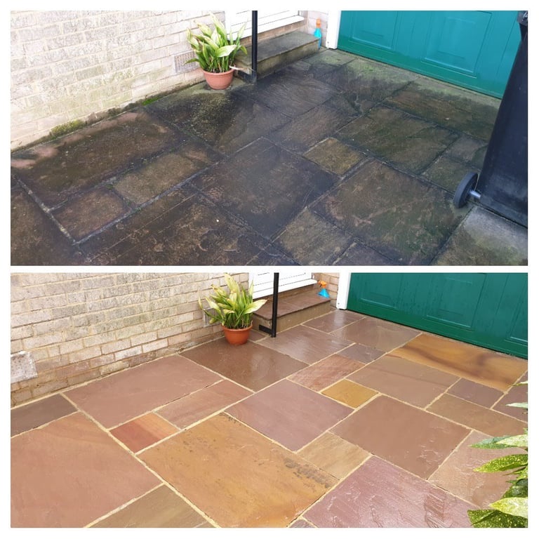 Before and after comparison of patio cleaning, showing dark dirty pavers transformed to clean terracotta-colored tiles