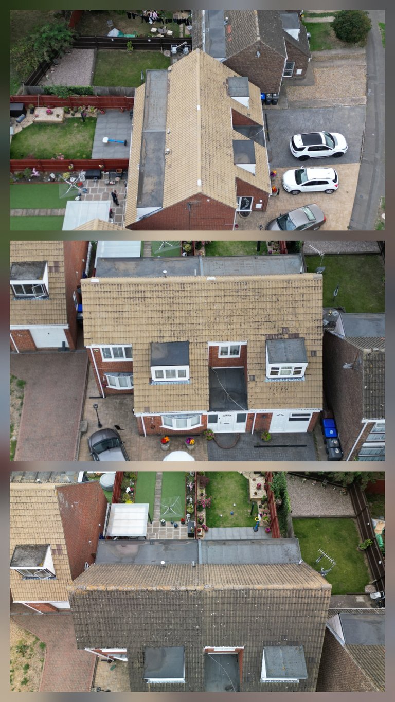 Aerial drone view of three suburban houses showing rooflines, driveways, gardens, and parked cars from above