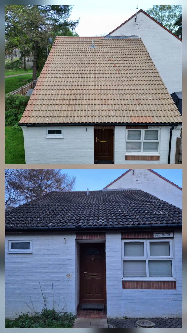 Two views of a white brick cottage with terracotta tiled roof and brown wooden door, showing before and after roof renovation