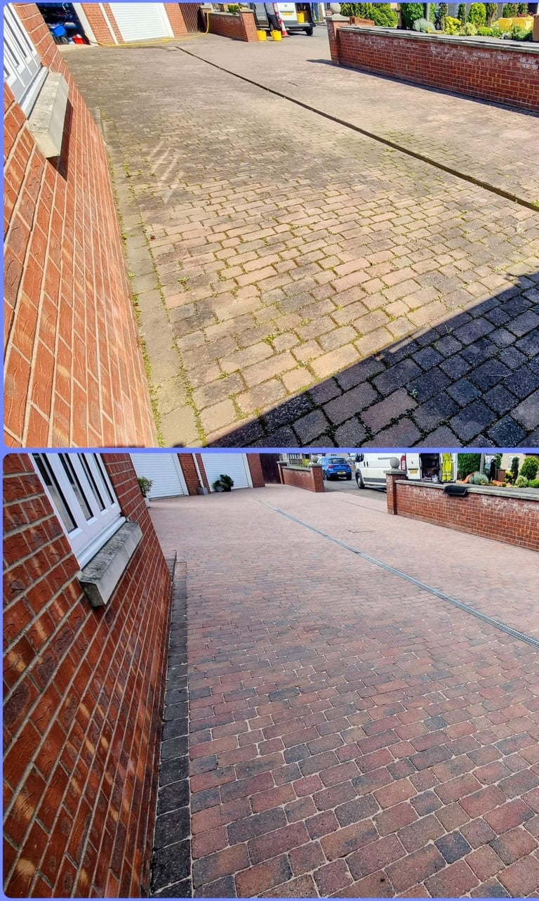 Before and after comparison of driveway cleaning, showing algae-covered pavers transformed to clean red brick surface