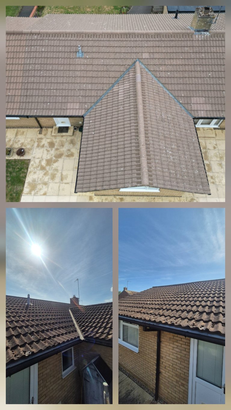 Aerial and ground-level views of a residential roof with dark gray clay tiles, showing overall coverage and ridge details from multiple angles